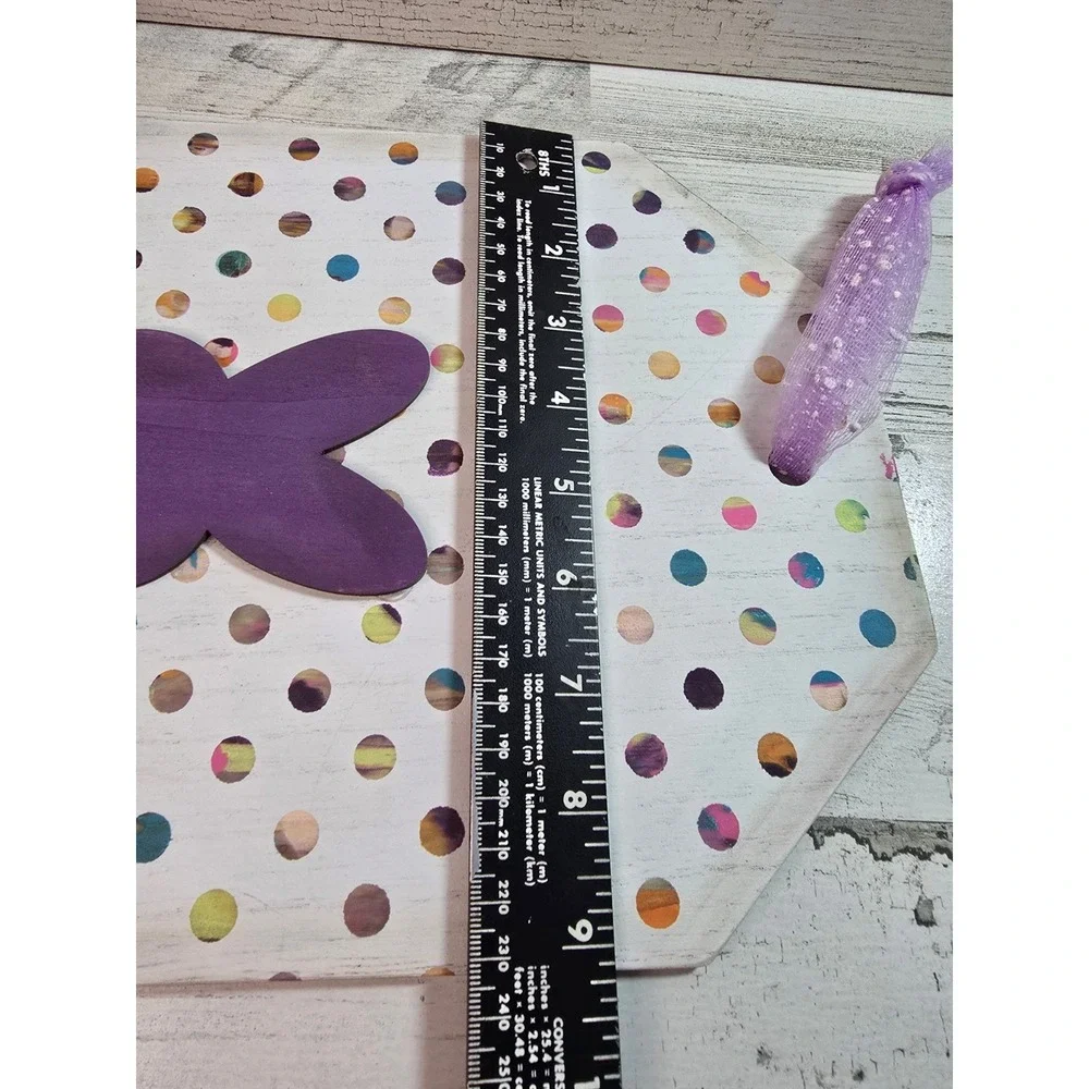 Easter‎ Bunny Wood Tag Wall Hanging Polka Dot Tulle Ruffle Purple White 12x8